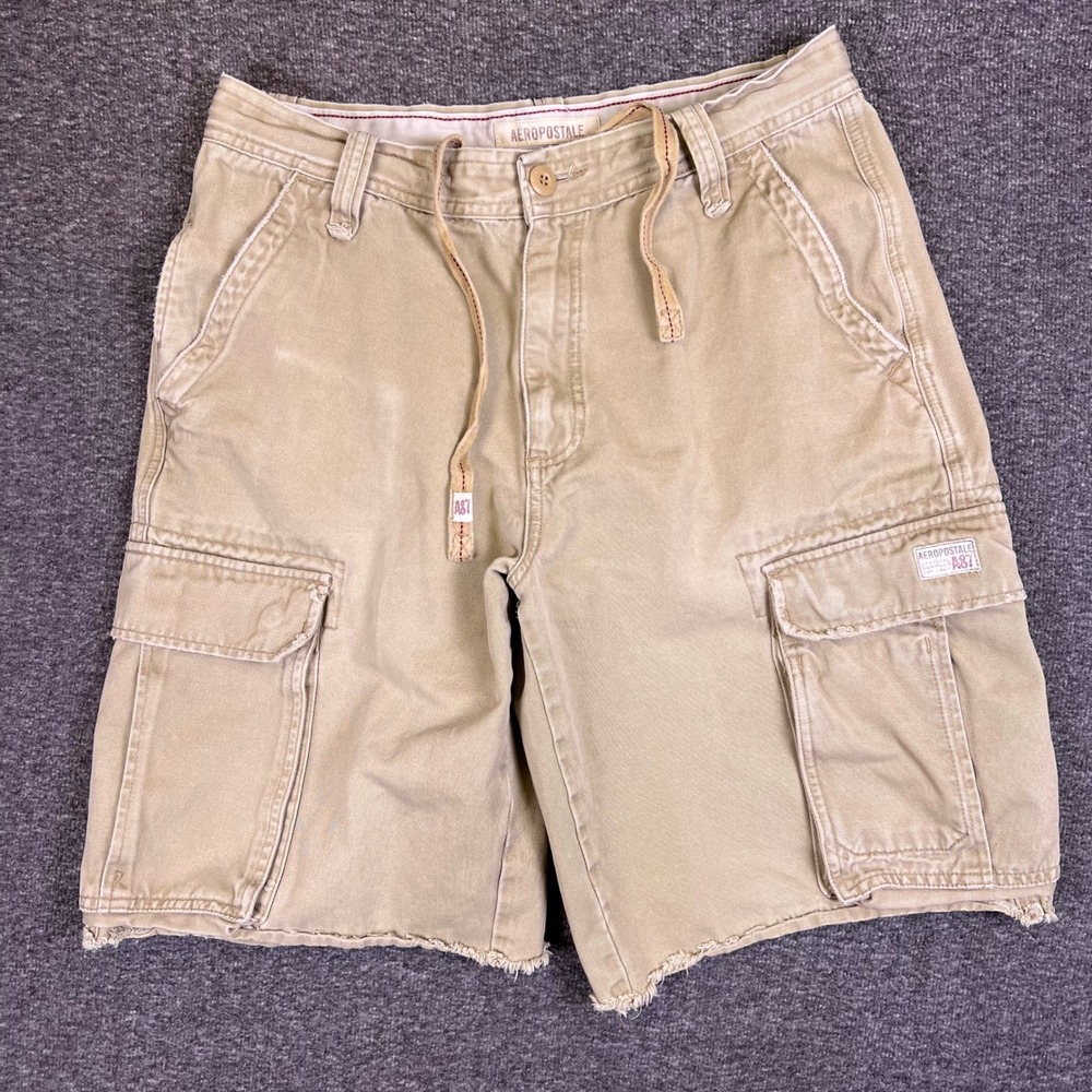 Aeropostale A87‎ Cargo Shorts Men 33 Khaki Drawstring Utility Outdoor Frayed Y2K